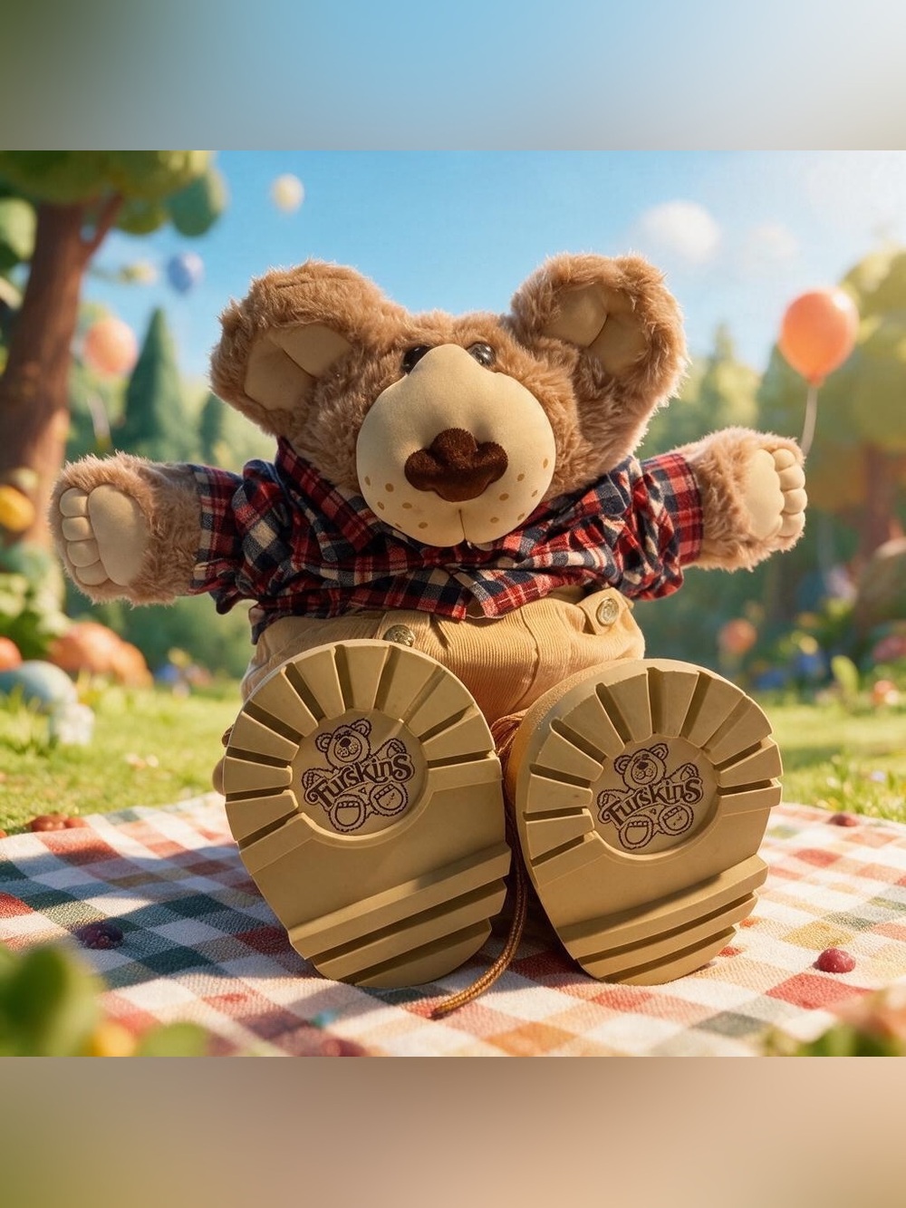 Furskins Xavier Roberts  Plush Farrell Bear in Plaid Shirt - Kids Toy